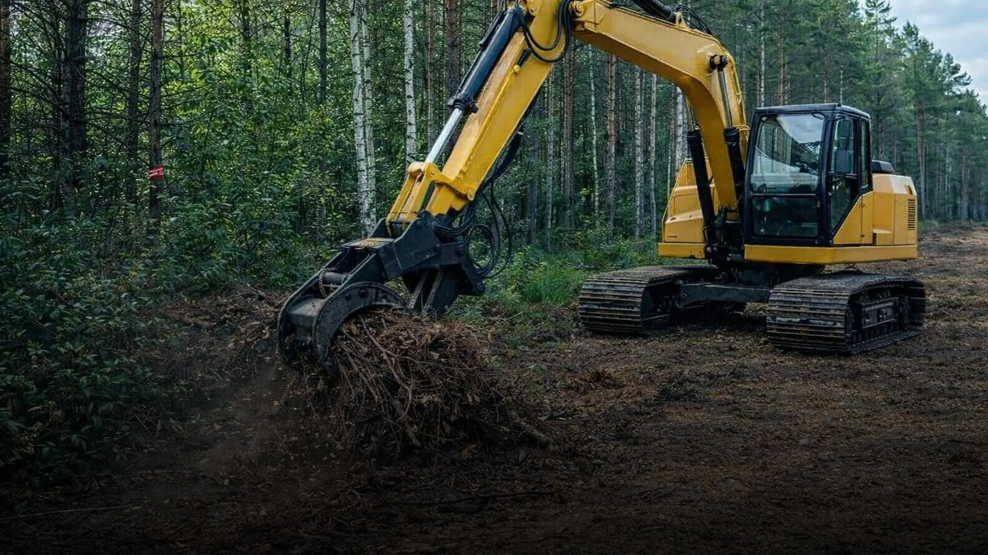 Excavator gathering dead branches