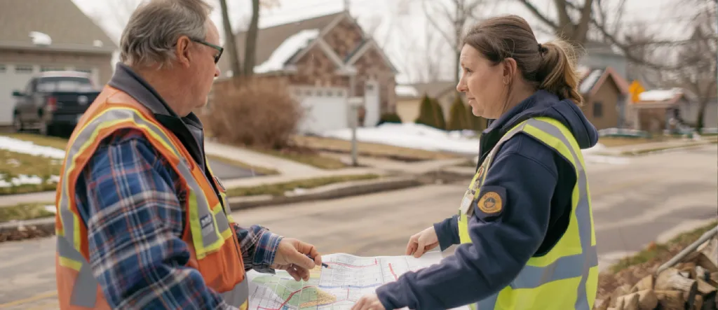 construction workers discussing septic to sewer connection