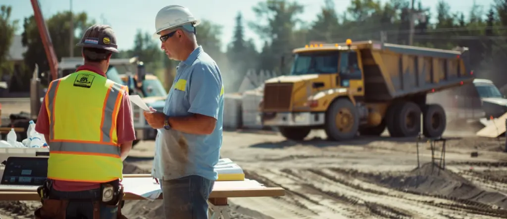 Construction men talking dump truck working in the background