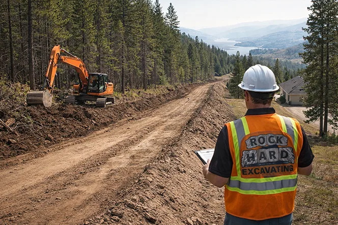 Excavator building a fire access road