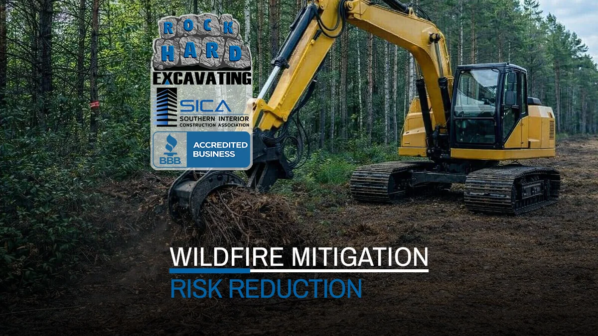 Excavator cleaning up wildfire fuel dead branches