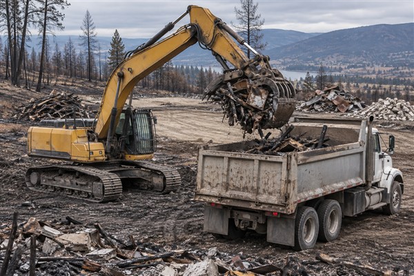 Step 5: loading burned debris into a truck on a fire-affected property