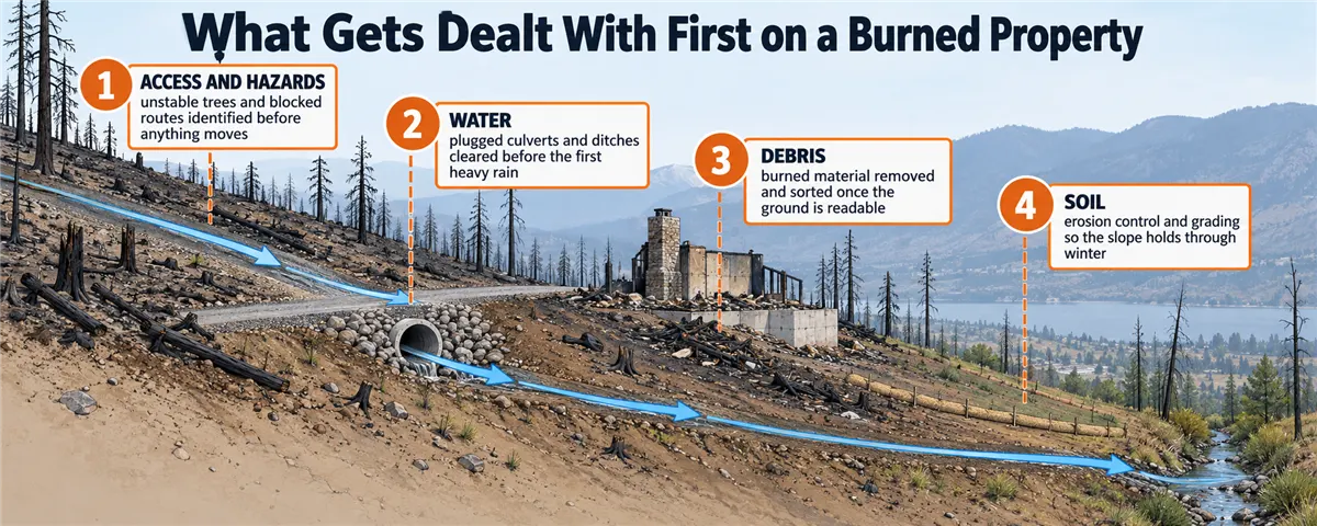What gets dealt with first on a burned property: access and hazards, water, debris, then soil
